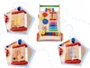 A collage of a wooden baby walker with various interactive toys and blocks featuring animal illustrations. Náhled obrázku produktu