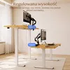 Two height-adjustable desks shown at different heights, with text indicating adjustable height. Podgląd zdjęcia produktu