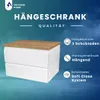 A white cabinet with a wooden top and two drawers, presented with overlaid text and icons detailing its features. Produktbild-Vorschau