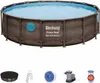 A round above-ground swimming pool with its accessories displayed below. Produktbild-Vorschau