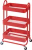 A red three-tiered rolling cart with mesh shelves and wheels, shown against a white background. Produktbild-Vorschau