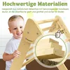A smiling child is next to a wooden climbing triangle, with a close-up inset showing the wood grain. Produktbild-Vorschau