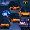 A collage of images showcasing an orange electric toy car, with various angles and backgrounds including a city skyline, a race track, and a futuristic urban setting. Produktbild-Vorschau