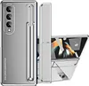 A silver-colored phone case for a foldable phone is shown from multiple angles, including a side view and a view of the phone unfolded inside the case. Anteprima dell’immagine prodotto