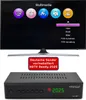 A television screen displaying a multimedia menu and a satellite receiver below it. Produktbild-Vorschau