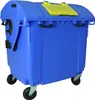 A blue trash bin with a yellow lid, shown from the front on a white background. Produktbild-Vorschau