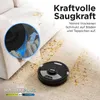A robot vacuum cleaner is shown on a carpet with dirt, next to a sofa. A close-up inset shows the vacuum's suction mechanism. Produktbild-Vorschau