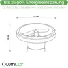 A technical drawing of a LUMILED product with dimensions and marketing text. Produktbild-Vorschau