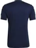The back of a navy blue t-shirt with white stripes on the sleeves and shoulders. Voir les images du produit