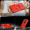 A person holding a red phone case with a built-in kickstand and camera cover. The bottom two images show the phone case from different angles on a dark, textured surface. Produktbild-Vorschau