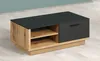 A modern coffee table with a black top and wood-grain sides, featuring an open shelf and a drawer. Voir les images du produit