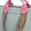 Close-up of a light blue backpack with pink straps and a khaki strap with pink lettering. Voir les images du produit