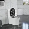 A toilet in a modern bathroom with marble-patterned tiles. Produktbild-Vorschau