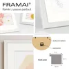 A collage of images showing a white picture frame with a passe-partout, including close-ups of the frame profile and hanging mechanism. Produktbild-Vorschau