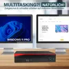 Two computer monitors displaying different content, with a mini PC in the foreground, set on a wooden desk. Produktbild-Vorschau