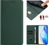 Collage of images showing a green leather phone case with card slots and RFID protection. Produktbild-Vorschau