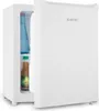 A white mini-refrigerator with its door slightly ajar, revealing two bottles inside. Produktbild-Vorschau