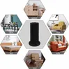 A collage showcasing a black knitted furniture leg protector in various household settings including a cabinet, dining table, chair, sofa, bed, and stool. Produktbild-Vorschau
