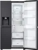 An open LG side-by-side refrigerator with its doors ajar, showcasing the interior shelves, drawers, and water dispenser. Produktbild-Vorschau