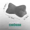 A grey, bone-shaped pillow with dimensions indicated by text overlays. Produktbild-Vorschau