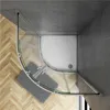 A top-down view of a modern shower enclosure with a white shower tray, glass doors, and a grey rug on a wooden floor. Produktbild-Vorschau