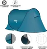 A teal pop-up camping tent is shown with close-up details of its fabric and included pegs. Anteprima dell’immagine prodotto