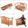A collage of images showing a wooden park bench, its assembly, and a woman sitting on it. Produktbild-Vorschau