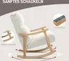 A cream-colored rocking chair with wooden accents is shown from the side, with close-up insets highlighting its features. Produktbild-Vorschau
