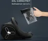 A hand is shown removing the dust container from a black vacuum cleaner. Voir les images du produit