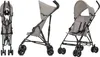 A collage of three images showing a stroller from different angles: folded, side view, and front view with canopy. Produktbild-Vorschau