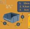 A blue storage bin is shown with measurement indicators and text listing dimensions, along with screws and gears in the background. Produktbild-Vorschau