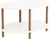 A white oval coffee table with wooden legs on a white background. Voir les images du produit