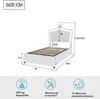 A diagram of a white bed with dimensions and icons indicating features. Náhled obrázku produktu