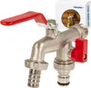 A product shot of a brass double outlet tap with red handles, set against a white background. A small box with product information and a smaller image of the tap in use is visible in the background. Produktbild-Vorschau