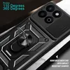 Close-up of a black phone case with a ring stand and camera cover. Produktbild-Vorschau