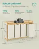 A product image showing a bamboo laundry sorter with four fabric bins and a top shelf, with various dimensions and weight capacities indicated by text overlays. Produktbild-Vorschau