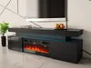 A modern black TV stand with an integrated electric fireplace and blue LED lighting, displayed in a living room setting. Produktbild-Vorschau