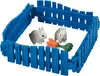 Two toy rabbits and toy carrots inside a blue toy fence. Podgląd zdjęcia produktu