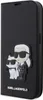 A black flip case for a smartphone with a Karl Lagerfeld and Choupette graphic on the front. Produktbild-Vorschau