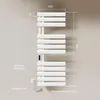 A white electric towel warmer mounted on a light gray wall, with dimensions and power output indicated by text overlays. Produktbild-Vorschau