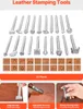 A collage of leather stamping tools and examples of their use. Produktbild-Vorschau