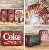 A collage of four images featuring Coca-Cola themed storage tins and signs with a brick wall background. Voir les images du produit