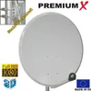 A satellite dish with various marketing labels and text overlays. Produktbild-Vorschau
