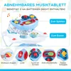 A baby walker with a removable musical toy tray, showing different features and uses. Podgląd zdjęcia produktu