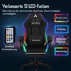 A gaming chair with LED lights, a remote control, and feature callouts. Podgląd zdjęcia produktu