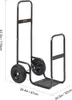 A black metal firewood cart with two large wheels and a platform for holding wood, shown from a side-angle with dimensions indicated by lines and text. Náhled obrázku produktu