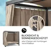 A close-up of a gazebo with curtains and a smaller inset image showing how the curtains are tied back, along with descriptive text and an icon. Produktbild-Vorschau