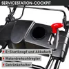 Close-up of the control panel of a lawnmower, highlighting various features with text overlays. Produktbild-Vorschau