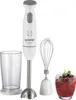 A white GORENJE hand blender with accessories, including a beaker and a whisk attachment, is displayed on a white background. A glass of fruit smoothie is also shown. Anteprima dell’immagine prodotto