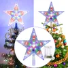 A collage of images showing a star-shaped Christmas tree topper with LED lights, some images showing it on a Christmas tree, and one image showing the battery pack. Produktbild-Vorschau